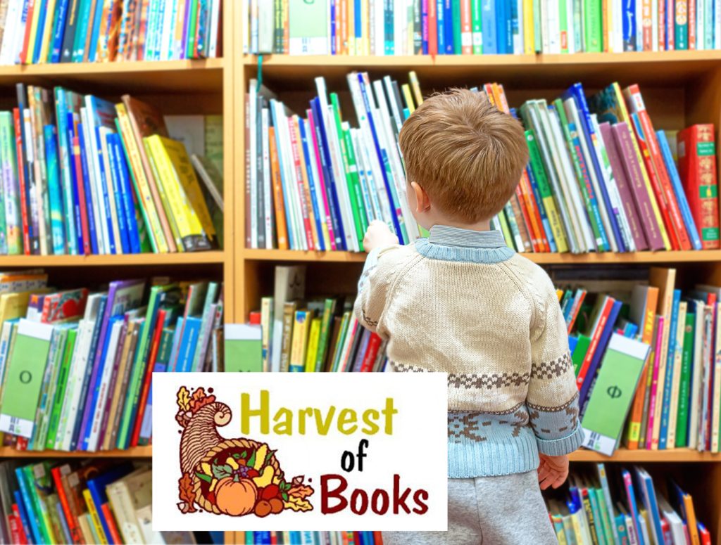Harvest of Books logo with stock image of child and books